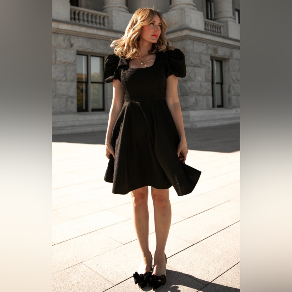 Ivy City Co Nina Bow Black Puff Sleeve Mini Dress